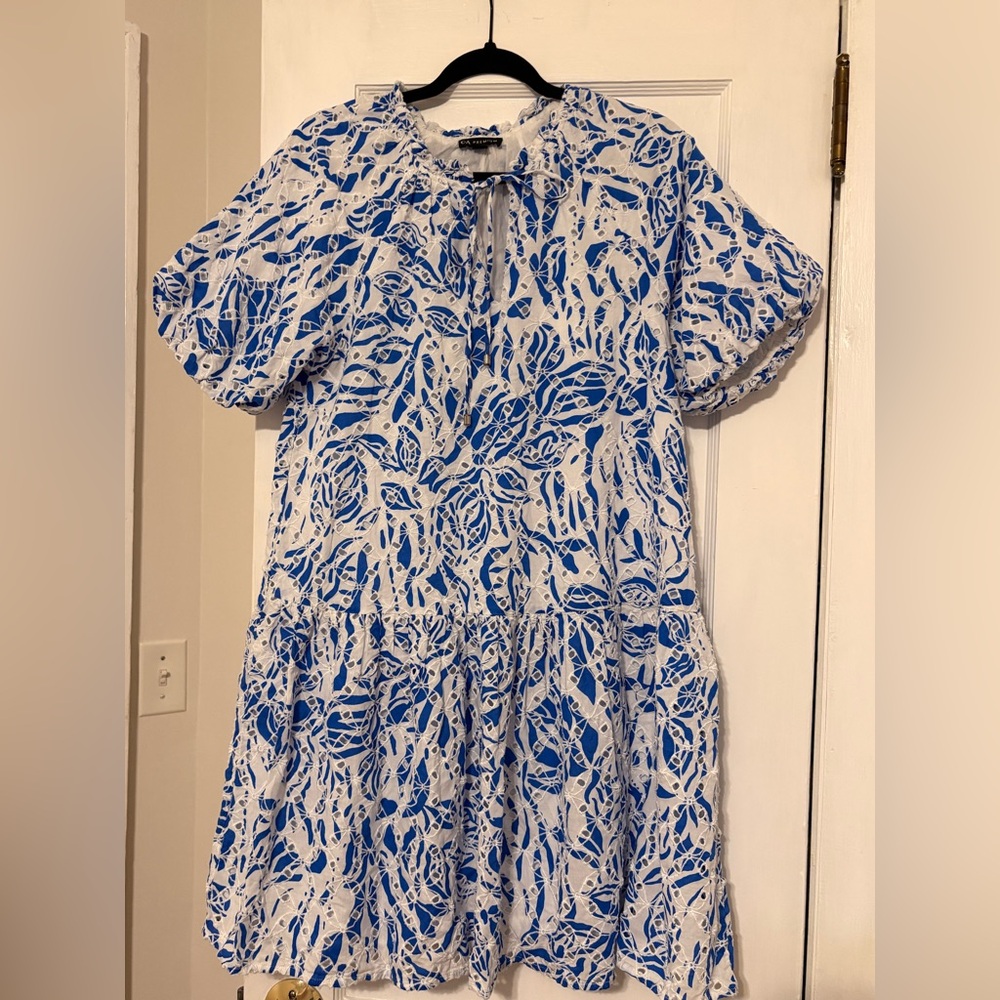 Blue and White Floral Tie-Neck Women's Dress
